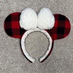Disney Red Plaid Minnie Mouse Ear Headband with White Fluffy Bow